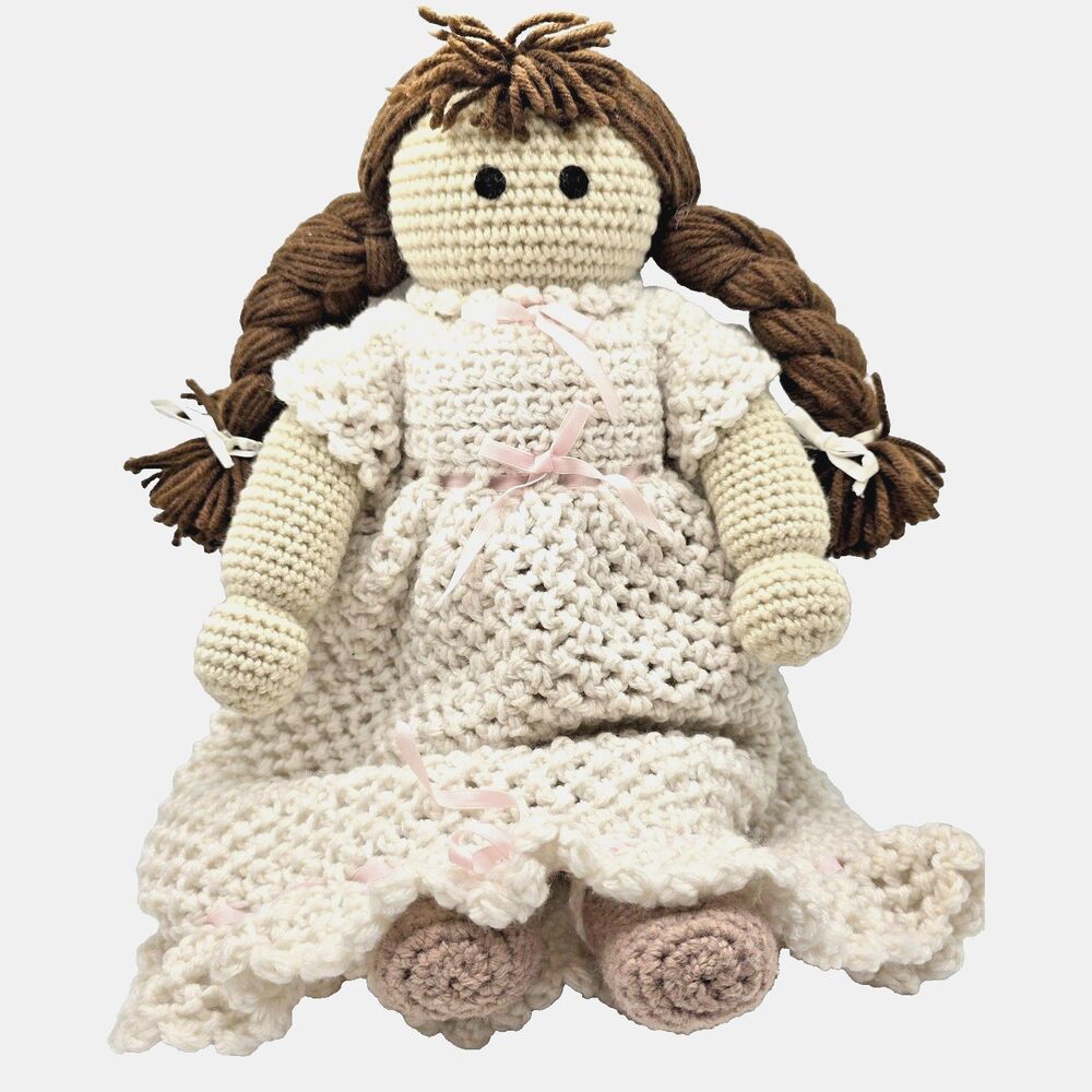 Handmade Crochet Amigurumi Doll Girl Brown Braids Cream Dress Yarn Rag Doll 19"